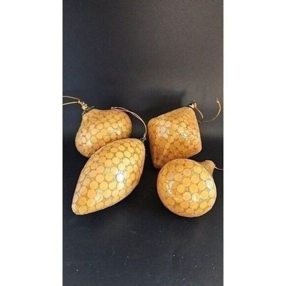 Set Of (4)Vtg Christmas Ornaments Shiny Glitter Sequin Golden Glam